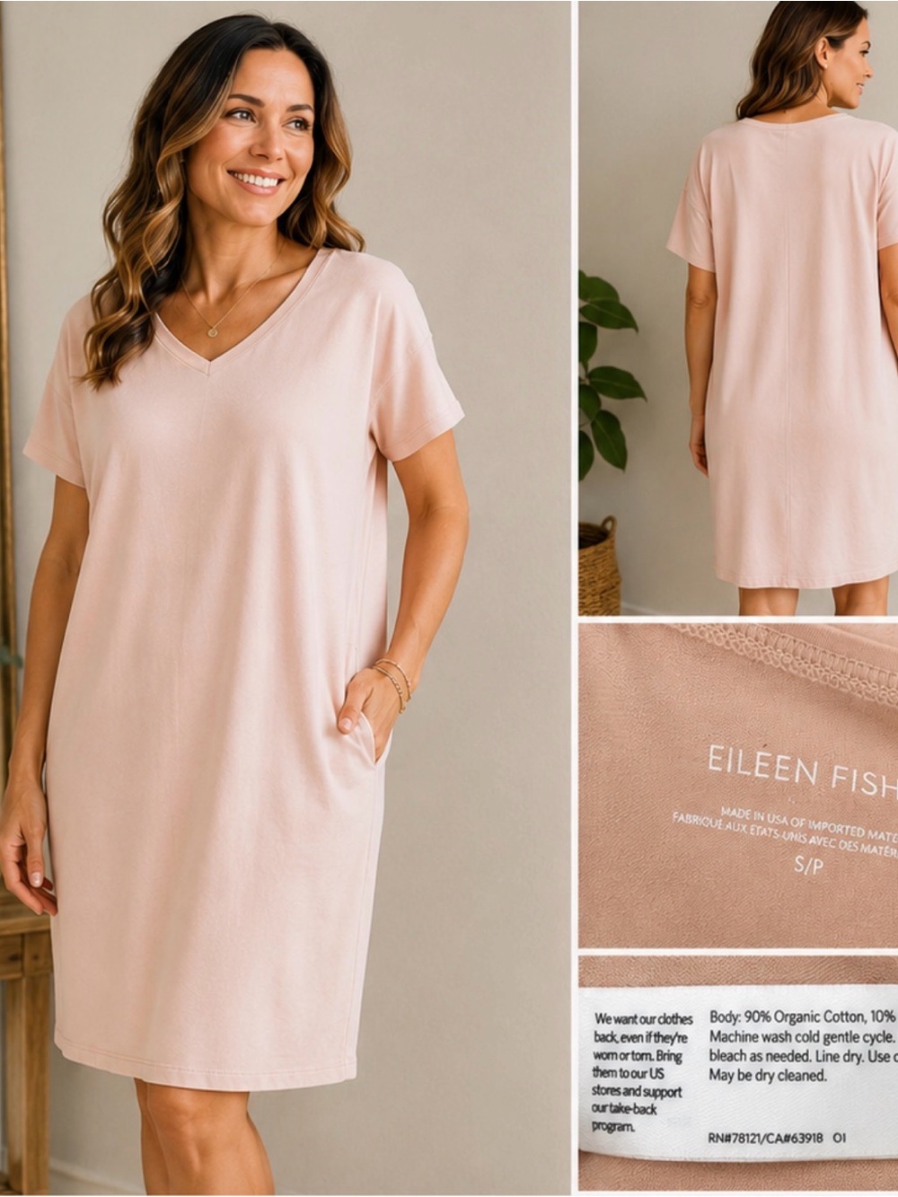 Eileen Fisher Slubby  Light Pink Cotton Jersey Vneck Dress Size S organic cotton